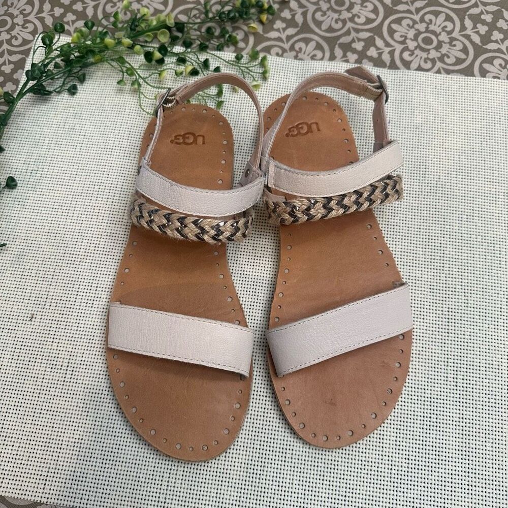 Ugg Elin Canvas Beige Leather Braided Flat Strappy Sandals size‎ USA 9